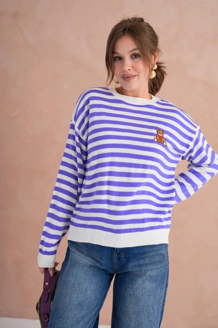 Kadın Bisiklet Yaka Nakış Detay Çizgili Triko Kazak