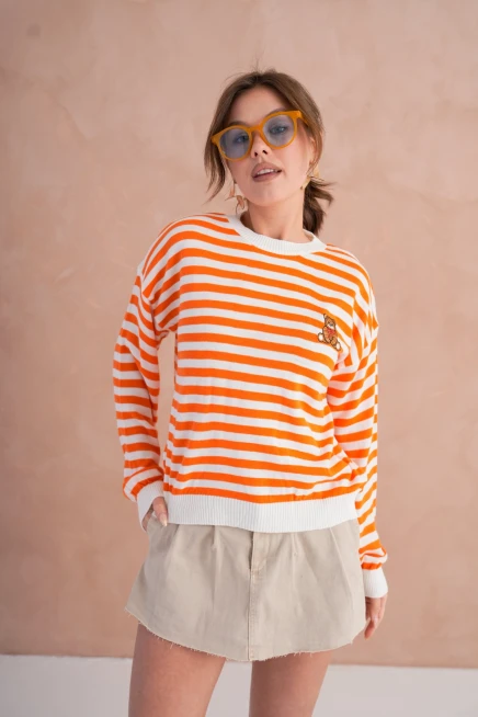 Kadın Bisiklet Yaka Nakış Detay Çizgili Triko Kazak