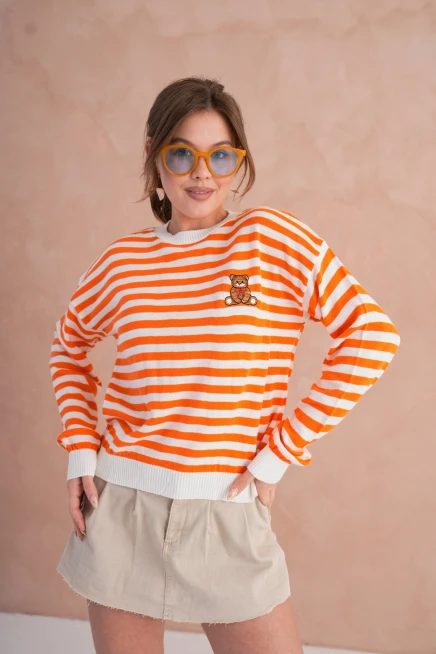 Kadın Bisiklet Yaka Nakış Detay Çizgili Triko Kazak