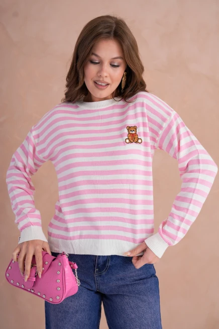 Kadın Bisiklet Yaka Nakış Detay Çizgili Triko Kazak