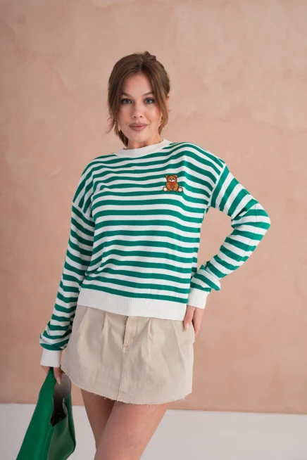 Kadın Bisiklet Yaka Nakış Detay Çizgili Triko Kazak