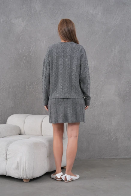 Kadın Bisiklet Yaka Saç Örgü Kazak Etek İkili Triko Takım