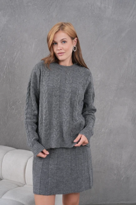 Kadın Bisiklet Yaka Saç Örgü Kazak Etek İkili Triko Takım