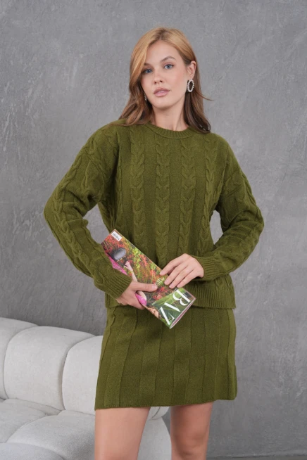 Kadın Bisiklet Yaka Saç Örgü Kazak Etek İkili Triko Takım