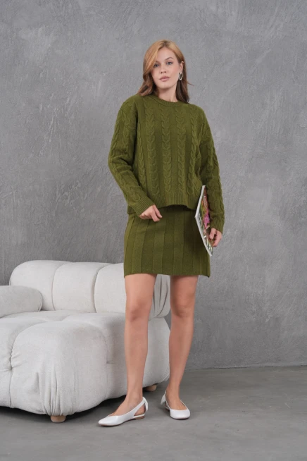 Kadın Bisiklet Yaka Saç Örgü Kazak Etek İkili Triko Takım