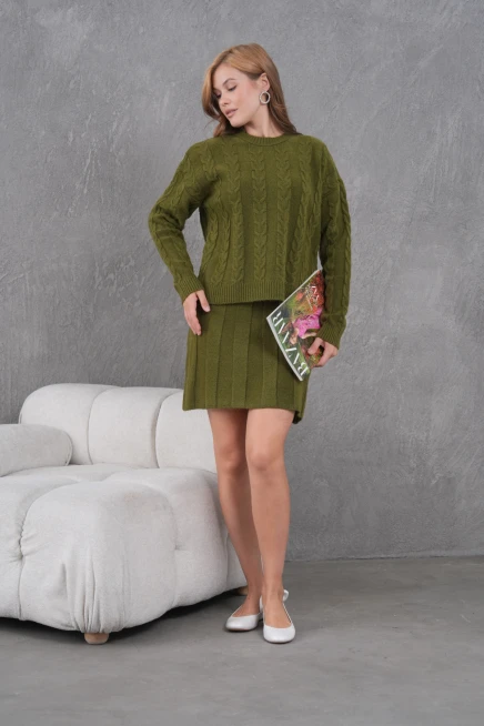 Kadın Bisiklet Yaka Saç Örgü Kazak Etek İkili Triko Takım