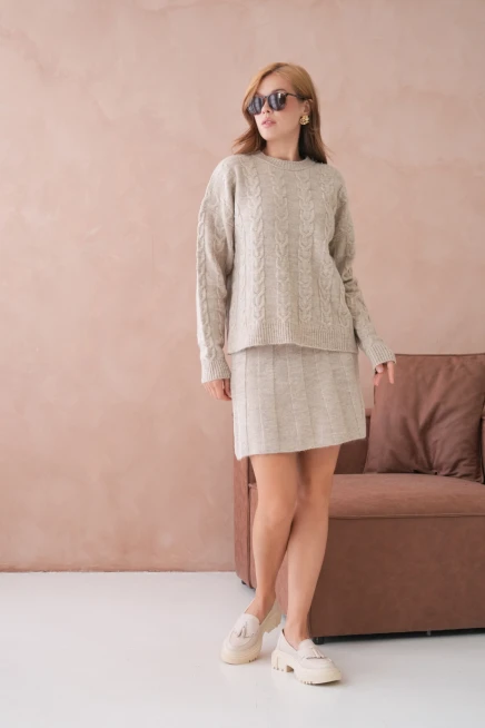 Kadın Bisiklet Yaka Saç Örgü Kazak Etek İkili Triko Takım