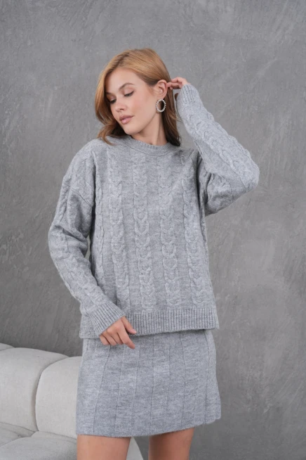 Kadın Bisiklet Yaka Saç Örgü Kazak Etek İkili Triko Takım