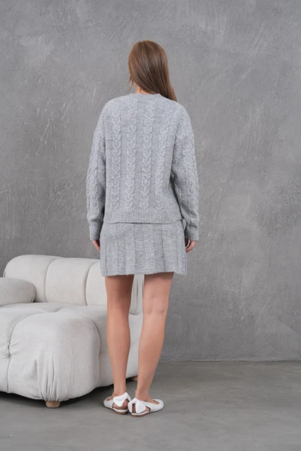 Kadın Bisiklet Yaka Saç Örgü Kazak Etek İkili Triko Takım