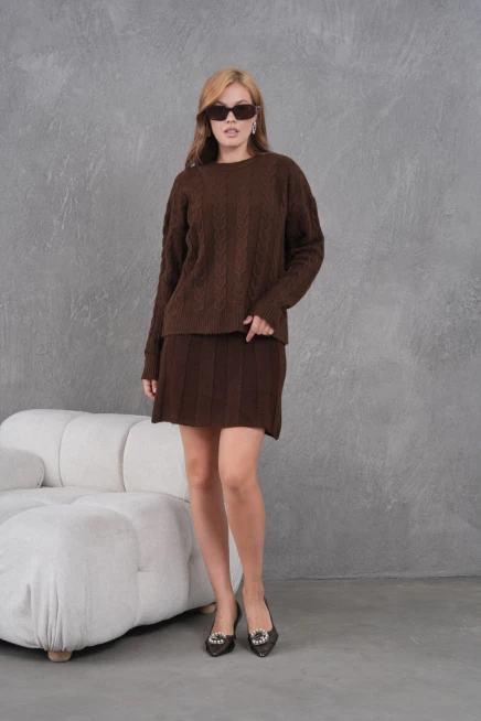 Kadın Bisiklet Yaka Saç Örgü Kazak Etek İkili Triko Takım