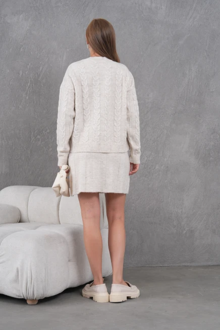 Kadın Bisiklet Yaka Saç Örgü Kazak Etek İkili Triko Takım