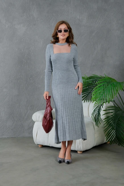 Kadın Bisiklet Yaka Tül Detay Maksi Boy Fitilli Triko Elbise