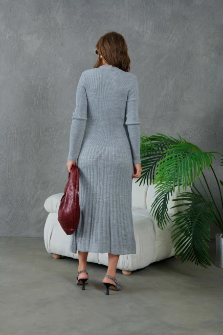 Kadın Bisiklet Yaka Tül Detay Maksi Boy Fitilli Triko Elbise