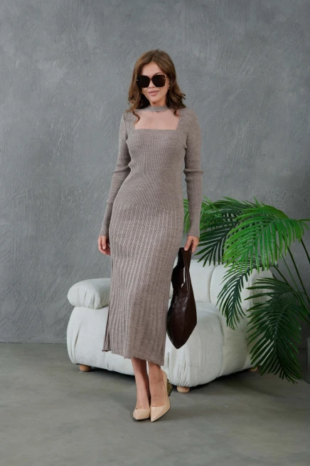 Kadın Bisiklet Yaka Tül Detay Maksi Boy Fitilli Triko Elbise