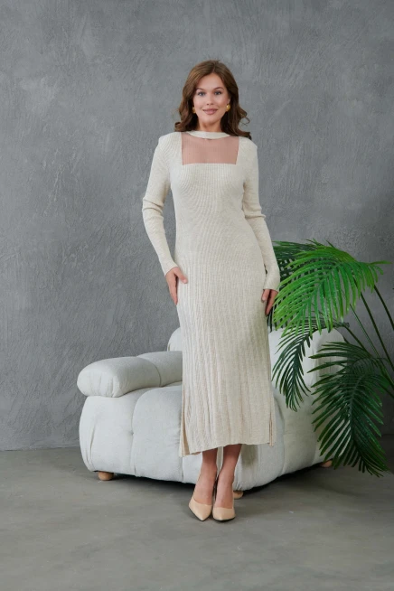 Kadın Bisiklet Yaka Tül Detay Maksi Boy Fitilli Triko Elbise