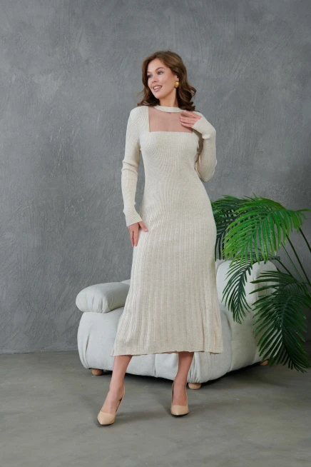 Kadın Bisiklet Yaka Tül Detay Maksi Boy Fitilli Triko Elbise