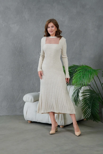 Kadın Bisiklet Yaka Tül Detay Maksi Boy Fitilli Triko Elbise