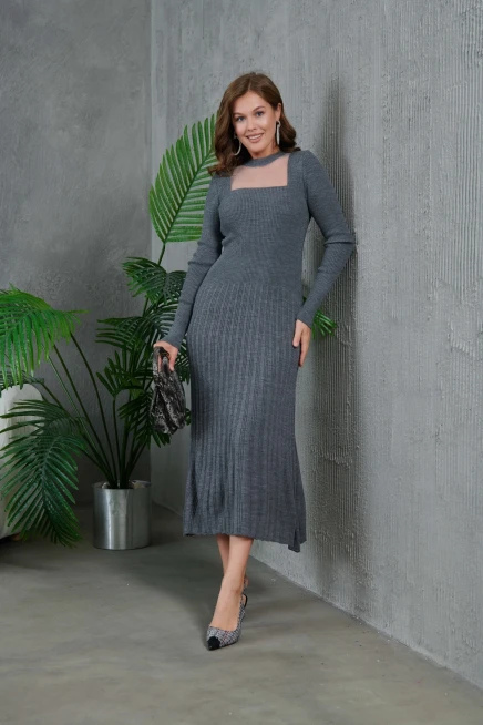 Kadın Bisiklet Yaka Tül Detay Maksi Boy Fitilli Triko Elbise