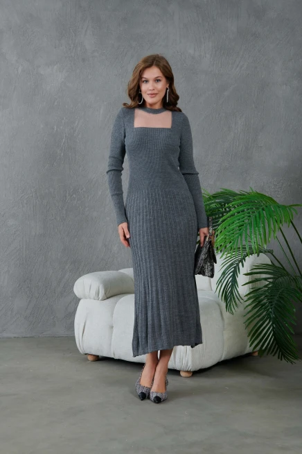 Kadın Bisiklet Yaka Tül Detay Maksi Boy Fitilli Triko Elbise