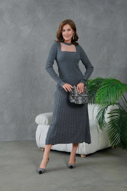 Kadın Bisiklet Yaka Tül Detay Maksi Boy Fitilli Triko Elbise