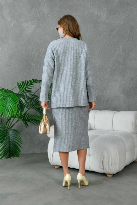 Kadın Bisiklet Yaka Uzun Kazak Etek İkili Triko Takım