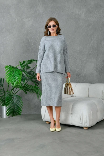 Kadın Bisiklet Yaka Uzun Kazak Etek İkili Triko Takım