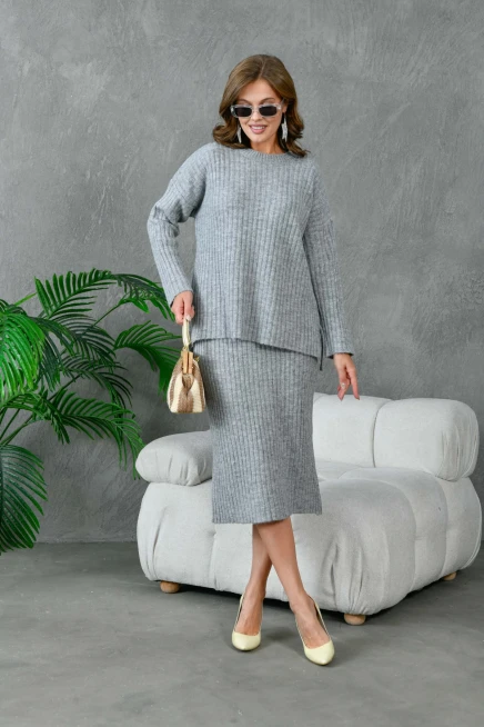 Kadın Bisiklet Yaka Uzun Kazak Etek İkili Triko Takım