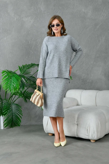 Kadın Bisiklet Yaka Uzun Kazak Etek İkili Triko Takım