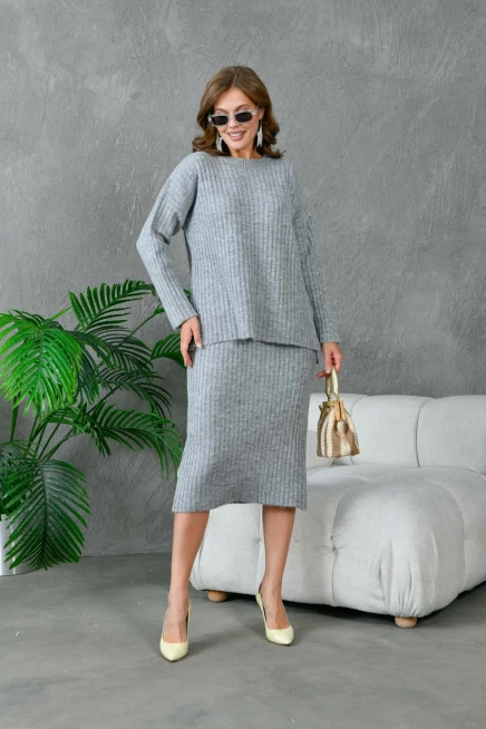 Kadın Bisiklet Yaka Uzun Kazak Etek İkili Triko Takım