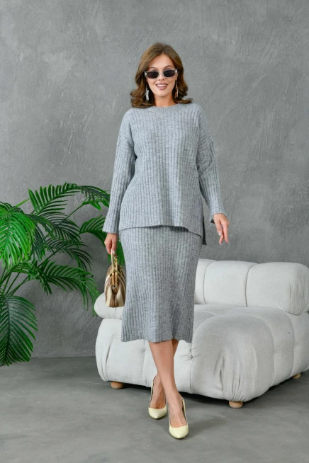 Kadın Bisiklet Yaka Uzun Kazak Etek İkili Triko Takım