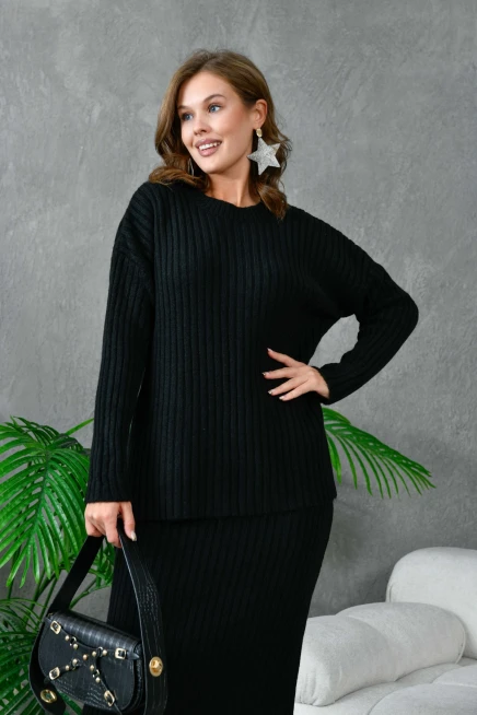 Kadın Bisiklet Yaka Uzun Kazak Etek İkili Triko Takım