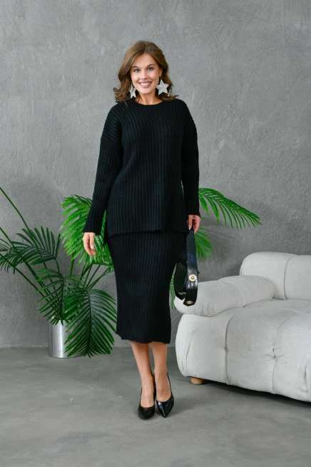 Kadın Bisiklet Yaka Uzun Kazak Etek İkili Triko Takım