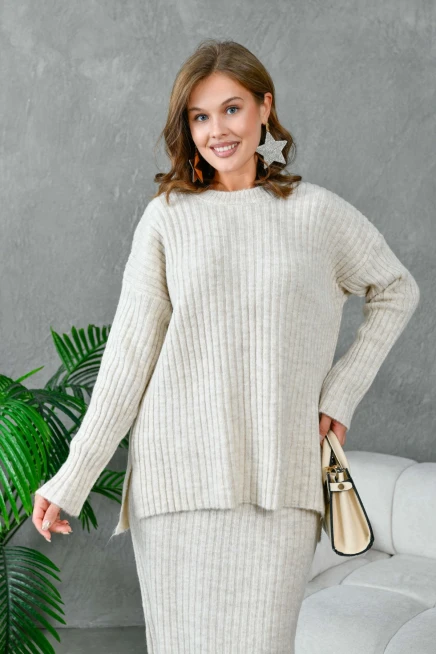 Kadın Bisiklet Yaka Uzun Kazak Etek İkili Triko Takım