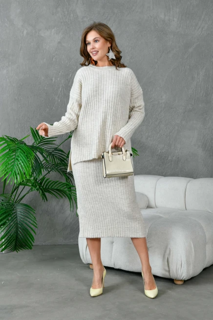 Kadın Bisiklet Yaka Uzun Kazak Etek İkili Triko Takım