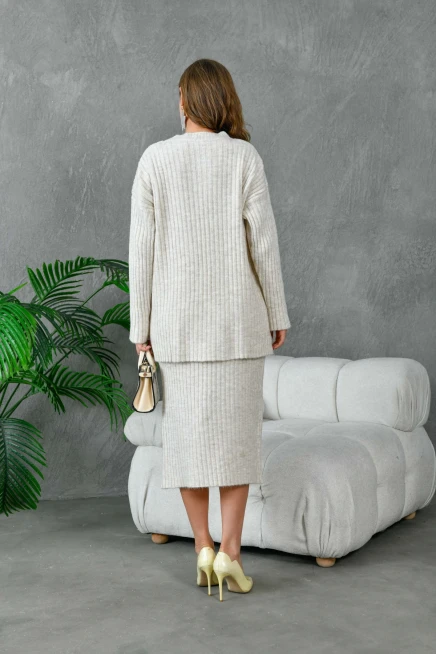 Kadın Bisiklet Yaka Uzun Kazak Etek İkili Triko Takım