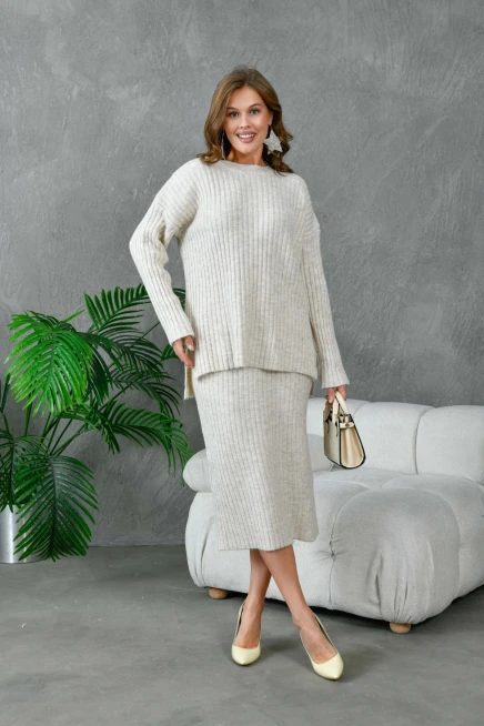 Kadın Bisiklet Yaka Uzun Kazak Etek İkili Triko Takım