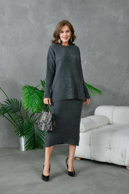 Kadın Bisiklet Yaka Uzun Kazak Etek İkili Triko Takım