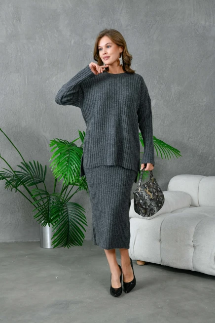 Kadın Bisiklet Yaka Uzun Kazak Etek İkili Triko Takım