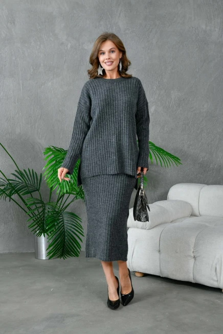 Kadın Bisiklet Yaka Uzun Kazak Etek İkili Triko Takım