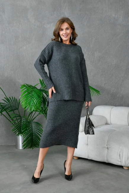 Kadın Bisiklet Yaka Uzun Kazak Etek İkili Triko Takım