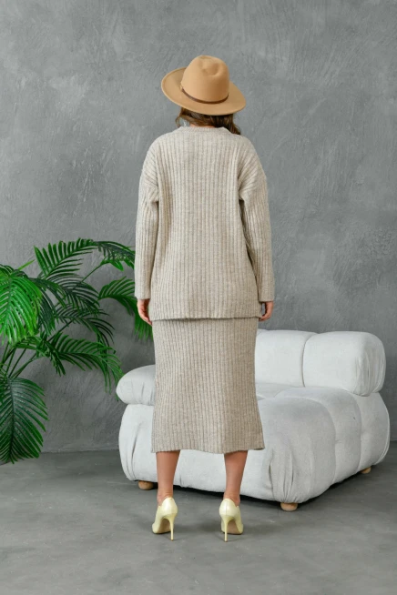 Kadın Bisiklet Yaka Uzun Kazak Etek İkili Triko Takım