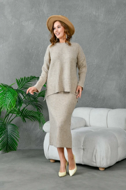 Kadın Bisiklet Yaka Uzun Kazak Etek İkili Triko Takım