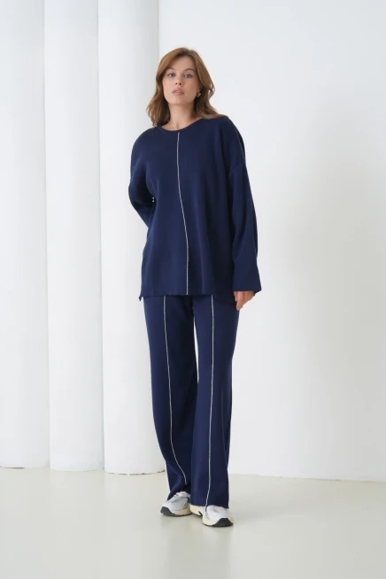 Kadın Bisiklet Yaka Yırtmaçlı Oversize Kazak Pantolon İkili Triko Takım