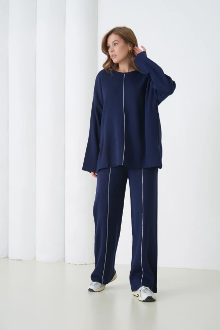 Kadın Bisiklet Yaka Yırtmaçlı Oversize Kazak Pantolon İkili Triko Takım