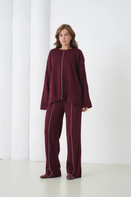 Kadın Bisiklet Yaka Yırtmaçlı Oversize Kazak Pantolon İkili Triko Takım