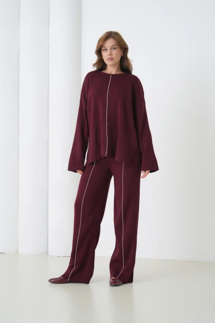 Kadın Bisiklet Yaka Yırtmaçlı Oversize Kazak Pantolon İkili Triko Takım