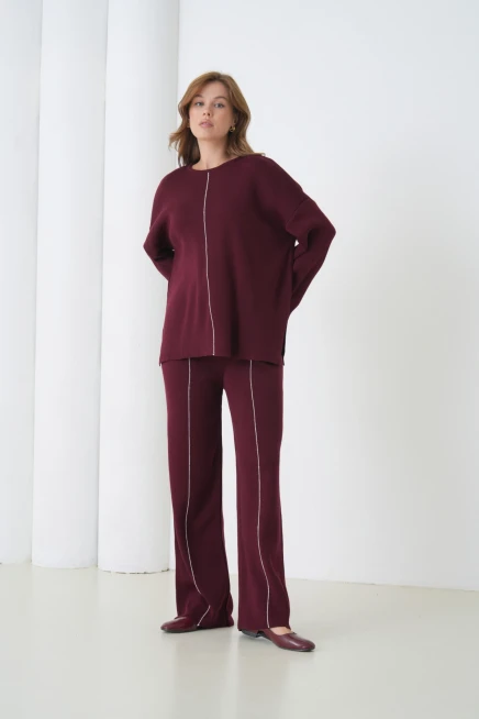 Kadın Bisiklet Yaka Yırtmaçlı Oversize Kazak Pantolon İkili Triko Takım