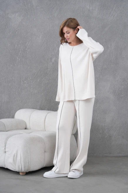 Kadın Bisiklet Yaka Yırtmaçlı Oversize Kazak Pantolon İkili Triko Takım