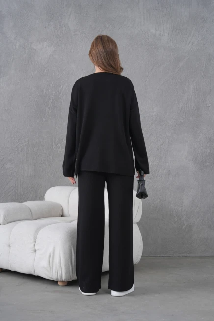 Kadın Bisiklet Yaka Yırtmaçlı Oversize Kazak Pantolon İkili Triko Takım