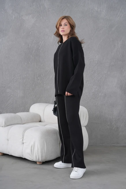 Kadın Bisiklet Yaka Yırtmaçlı Oversize Kazak Pantolon İkili Triko Takım